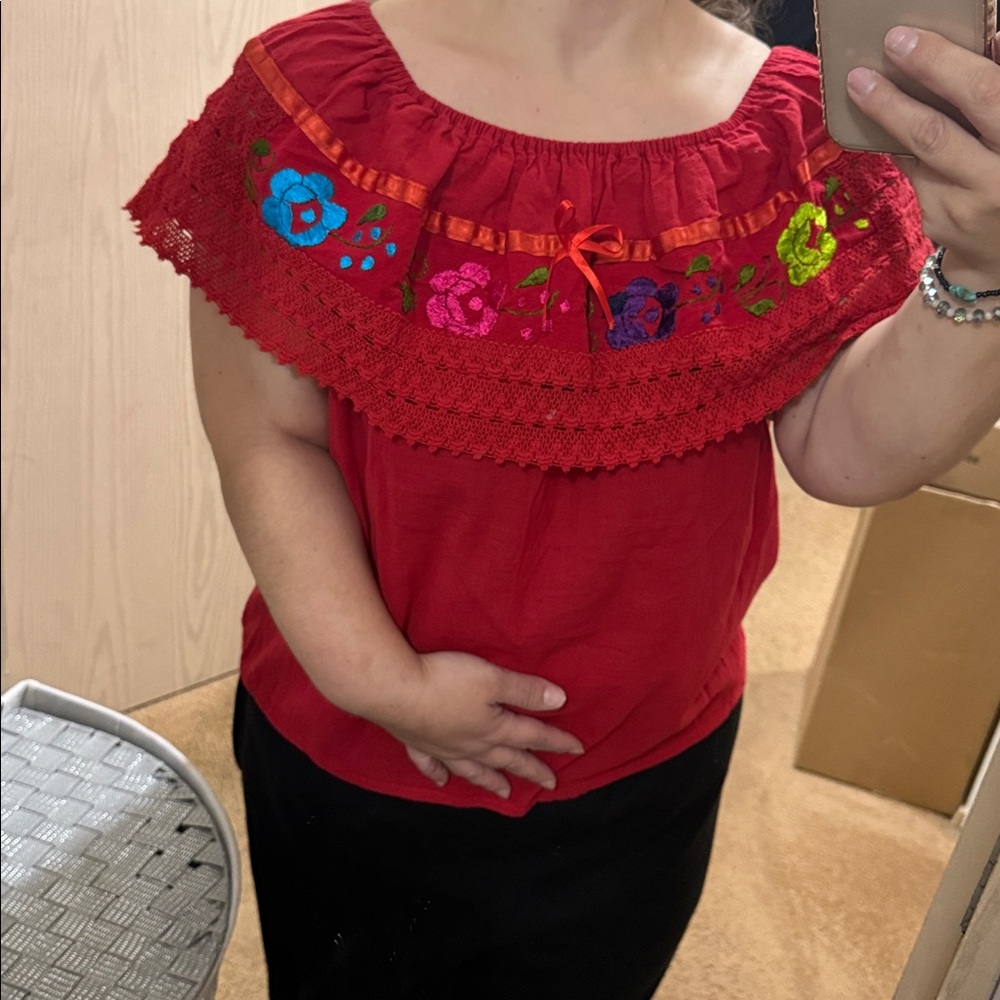 Red Embroidered Off-Shoulder Top - Picture 5 of 5